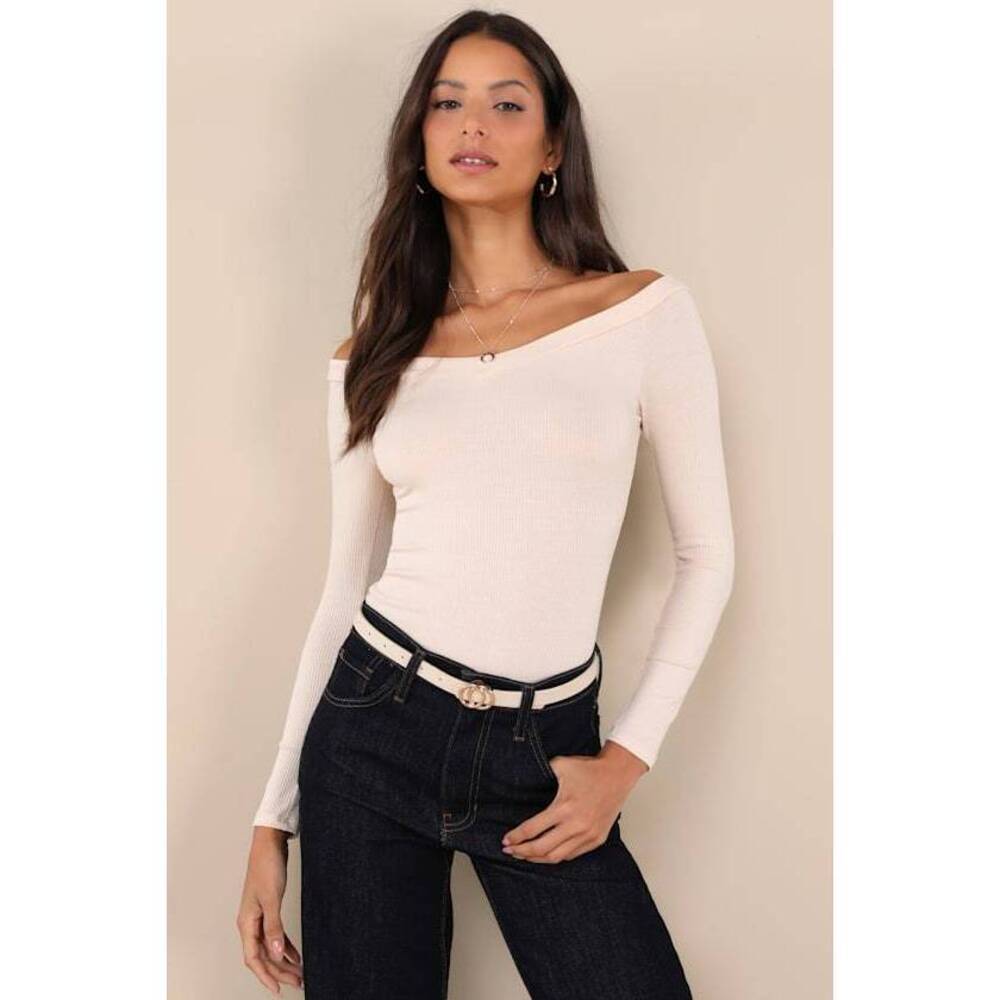 Lulus Simply Polished Cream Ribbed Off-the-shoulder Bodysuit White - Size L​​​